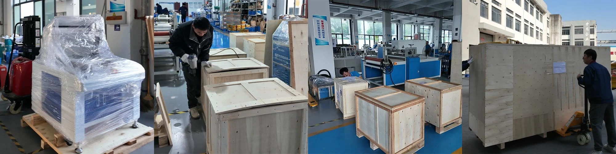 ougude factory workers are helping customers pack products.